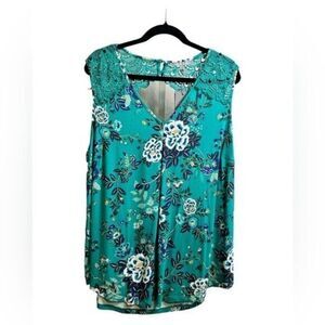 NWT Daniel Rainn Plus Size Green Floral Crochet Accent Tank Top Blouse Size 1XL